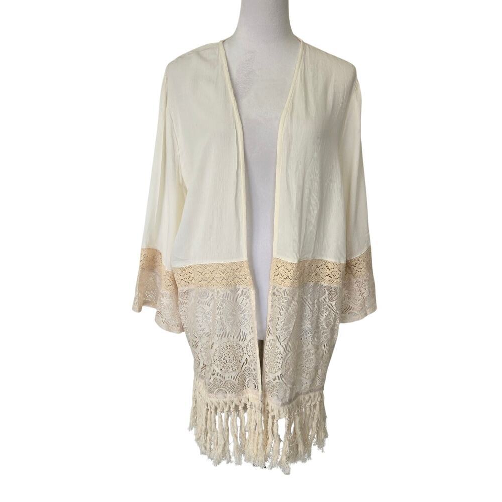 Maurices Boho Kimono Style Cardigan with Lace and Fringe Bell Sleeves Sz L